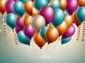 Bunch of colorful balloons with ribbons and confetti on color background, holiday festive celebration background with confetti, Royalty Free Stock Photo