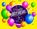 Bunch of colorful birthday balloons with streamers on yellow background. Vector. Royalty Free Stock Photo