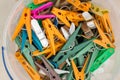 A bunch of colorful clothes clips for drying clothes_ Royalty Free Stock Photo