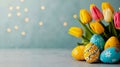 A bunch of colorful easter eggs and tulips on a table Royalty Free Stock Photo