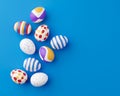 Bunch of colorful eggs on a blue Easter background 3D Rendering. Pile of birght and colorful Easter Eggs - 3d render. Easter