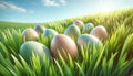 A bunch of colorful eggs in fresh green grass under spring sunshine and blue sky. Easter themed composition created with AI Royalty Free Stock Photo