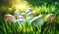 A bunch of colorful eggs in fresh green grass under spring sunshine. Easter themed composition created with AI Royalty Free Stock Photo