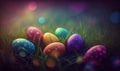 a bunch of colorful eggs in the grass with bokets of light in the backgrouund of the photo, with a blurry background of the grass