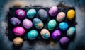 a bunch of colorful eggs sitting on top of a black tray on a counter top next to each other on a gray surface with yellow and