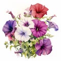 Vibrant Watercolor Petunia Bouquet: Detailed Botanical Art