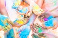Bunch of colorful hands of friends group having fun at beach party