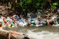 A bunch of colorful non degradable plastic bottles