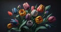Bunch Of Colorful Tulips Against A Dark Background - Generative AI