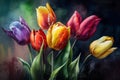 Bunch Of Colorful Watercolor Tulips Against A Dark Background - Generative AI
