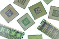 Bunch of CPU, central processor units and RAM, random-access memory, isolated background