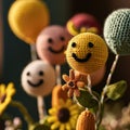 A bunch of crocheted flowers with smiley faces on them, AI Royalty Free Stock Photo