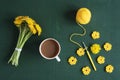 Bunch of dandelions, flowers and coffee Royalty Free Stock Photo