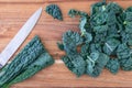 Bunch of dark green, crinkly, sliced Lacinato Kale leaves, on a wood cutting board, chefs knife