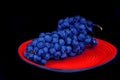 Delicious ripe blue grapes served in a red porcelain round plate against dark background Royalty Free Stock Photo