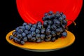 Delicious ripe blue grapes served in a yellow porcelain round plate against dark background Royalty Free Stock Photo