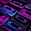A bunch of different colored cassettes on a black surface. AI generative image