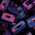 A bunch of different colored cassettes on a black surface. AI generative image