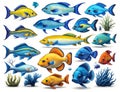 A bunch of different colored fish on a white background, fishes, colorful fish, illustrations of animals, jewel fishes.
