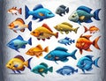 A bunch of different colored fish on a white background, fishes, colorful fish, illustrations of animals, jewel fishes.