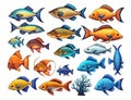 A bunch of different colored fish on a white background, fishes, colorful fish, illustrations of animals, jewel fishes.