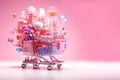 A bunch of different goods in a shopping cart . Concept of online shopping, sales season, Black Friday, Cyber Monday
