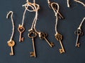 A bunch of different old keys from different locks. Finding the right key, encryption, concept. Royalty Free Stock Photo