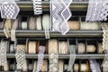 Bunch of different patterned lace borders at a fabric market stall Royalty Free Stock Photo