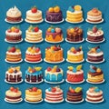 A bunch of different types of cakes on plates, amazing food illustration.