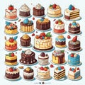 A bunch of different types of cakes on plates, amazing food illustration.