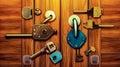 Bunch of different types of keys on wooden surface with lock. Generative AI Royalty Free Stock Photo