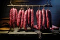 A bunch of different types of sausage hanging on a line. Dried and smoked sausage of various varieties. Wide range of meat