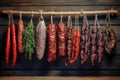 A bunch of different types of sausage hanging on a line. Dried and smoked sausage of various varieties. Wide range of meat