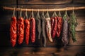 A bunch of different types of sausage hanging on a line. Dried and smoked sausage of various varieties. Wide range of meat