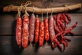 A bunch of different types of sausage hanging on a line. Dried and smoked sausage of various varieties. Wide range of meat