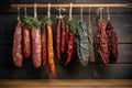 A bunch of different types of sausage hanging on a line. Dried and smoked sausage of various varieties. Wide range of meat