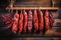 A bunch of different types of sausage hanging on a line. Dried and smoked sausage of various varieties. Wide range of meat