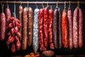 A bunch of different types of sausage hanging on a line. Dried and smoked sausage of various varieties. Wide range of meat