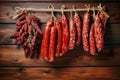 A bunch of different types of sausage hanging on a line. Dried and smoked sausage of various varieties. Wide range of meat