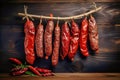 A bunch of different types of sausage hanging on a line. Dried and smoked sausage of various varieties. Wide range of meat