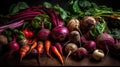 a bunch of different types of vegetables on a wooden table together, including carrots, radishes, spinach, and spinach