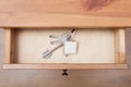 Bunch of door keys with keychain in open drawer Royalty Free Stock Photo