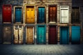 Bunch of doors that are in building with brick floor. Generative AI Royalty Free Stock Photo