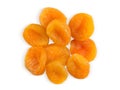 A bunch of dried apricots isolated on a white background, close-up macro photo, top view. Royalty Free Stock Photo