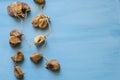 Dried figs on a blue table. Dried fruit.