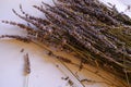 bunch of dried lavender flowers close-up on white background. Bouquet making. Copy space Royalty Free Stock Photo