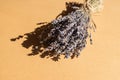 Bunch of dry lavender pounded with nattural rope on beige background. Aromatherapy and alternative medicine Royalty Free Stock Photo