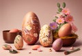 a bunch of easter eggs and easter flowers. Generative AI Royalty Free Stock Photo