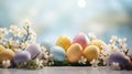A bunch of easter eggs and flowers on a table, AI