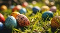 A bunch of easter eggs are laying on the grass, AI